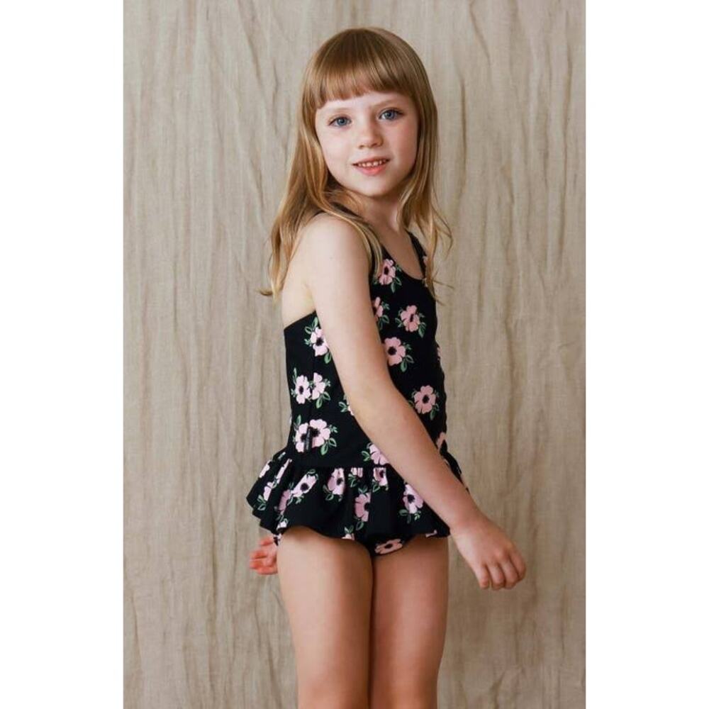 Tiny Tribe Toddler Floral One-Piece Swimsuit Black Pink Cross Back Sz 6-9 Months